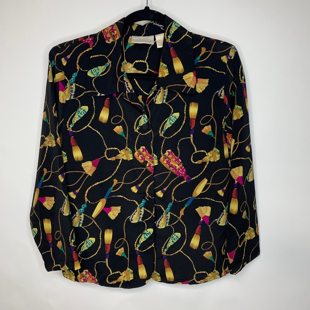 Vintage 80s Black Button Up Blouse with Colorful Tassels & Belts Pattern Medium